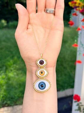 Gold Triple Evil Eye Necklace with Blue and Navy Accents